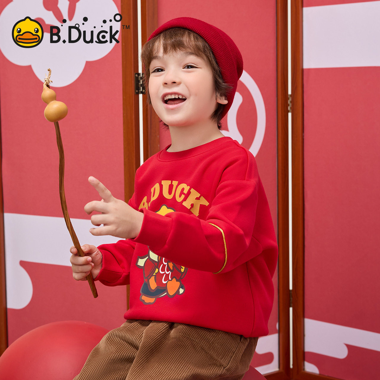 【加绒】bduck小黄鸭童装儿童卫衣男童冬装红色拜年服保暖上衣厚