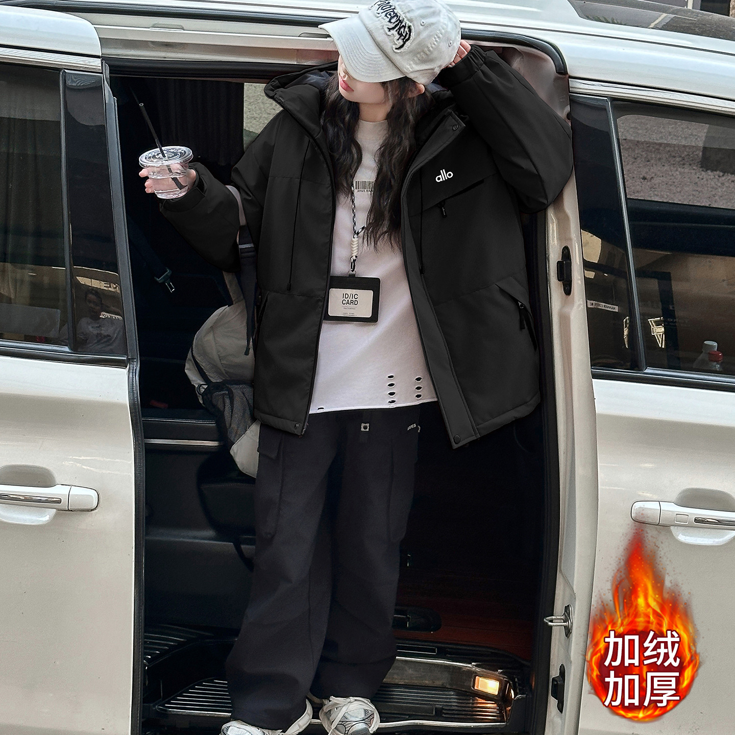 2025加绒棉服厚冲锋衣allo女童连帽休闲运动外套时尚保暖棉衣男童