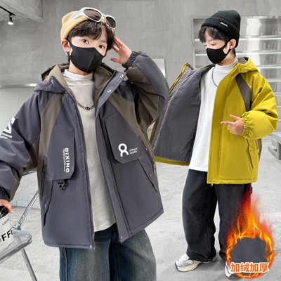 儿童装男童加绒外套2025新款派克服款冬季大童冲锋衣男孩加厚衣服