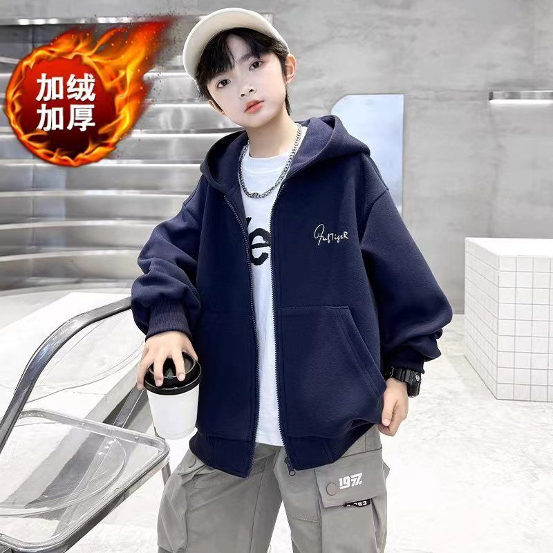 男女童开衫外套秋冬季加绒新款宽松潮酷中大儿童帅气拉链卫衣上衣