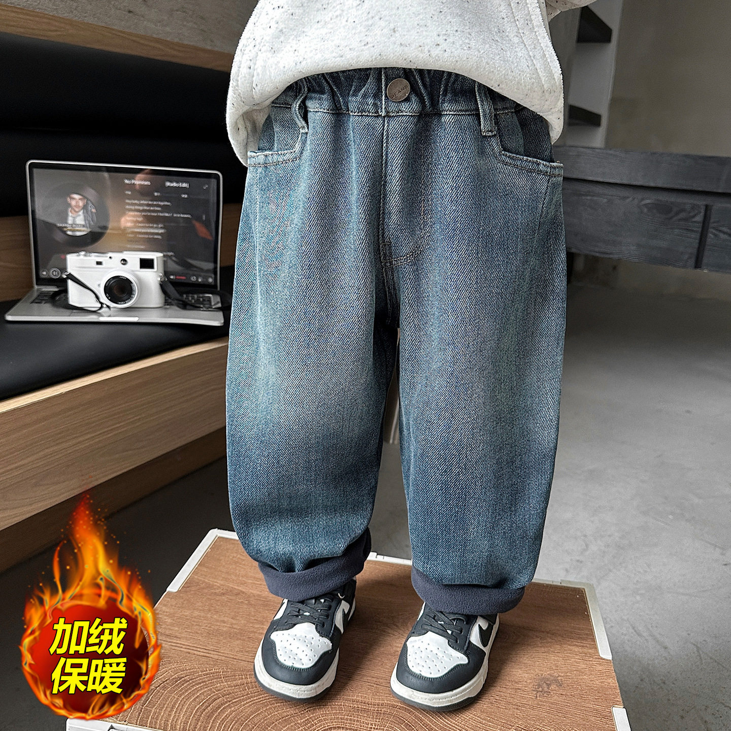 男童裤子秋冬款牛仔裤2025新款加绒直筒长裤中小童男孩秋冬装