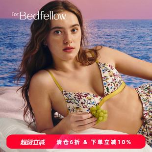 Forbefellow法式 无钢圈内衣女三角杯薄款 真丝文胸内裤 印花套装