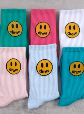 DREW贾斯丁比伯同款笑脸袜子男女街头运动潮牌中高筒袜ins潮百搭