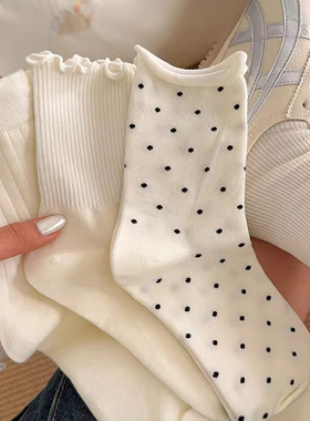 白色袜子女2026新款爆款木耳花边中筒袜秋冬韩版日系波点月子袜