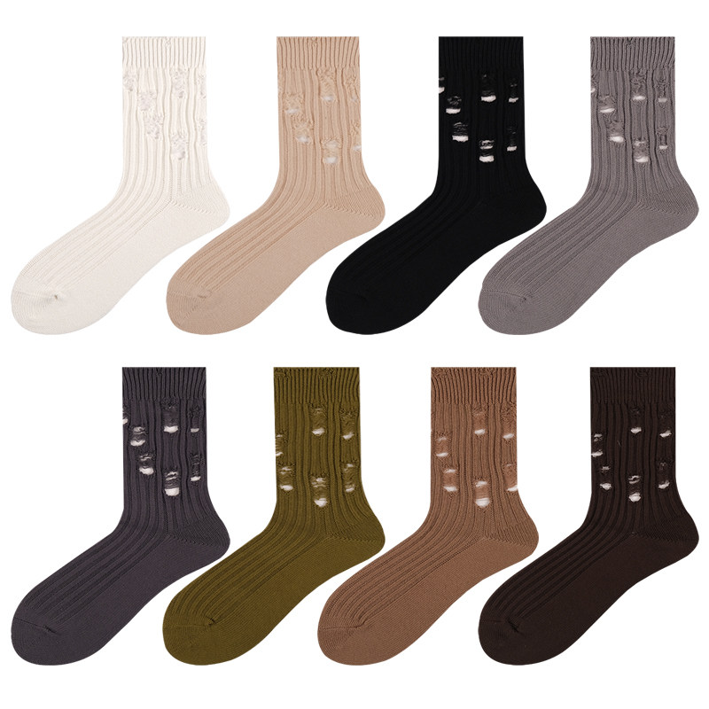 破洞袜子女ins潮外穿网红乞丐中筒袜黑色针织粗线长袜纯棉堆堆袜