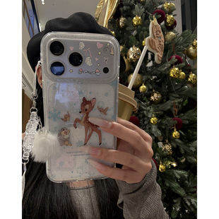 欧略 冬日雪花小鹿斑比普桑兔带挂件适用苹果17promax手机壳15新款iPhone16高级感14卡通女款13防摔保护套