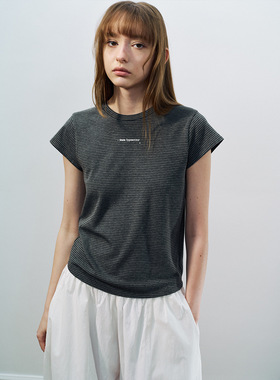 HELLO26SS圆领小飞袖条纹短款印花修身短袖T恤