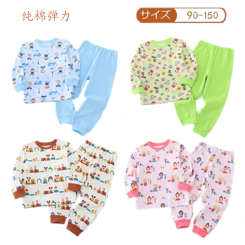 日单男女童纯棉家居服春秋冬季保暖套亲肤弹力螺纹卡通秋衣秋裤