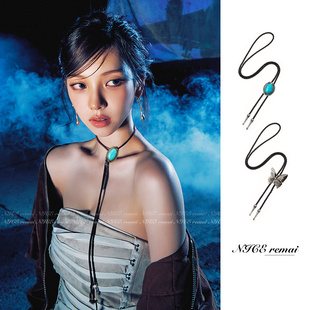 柳智敏同款可抽拉蝴蝶绿松石吊坠项链波洛领带朋克辣妹毛衣链颈链