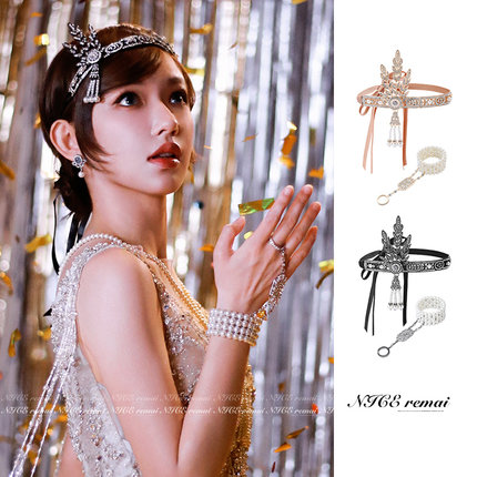 程潇款盖茨比头饰1920复古名媛化妆舞会派对配饰珍珠羽毛水钻发带