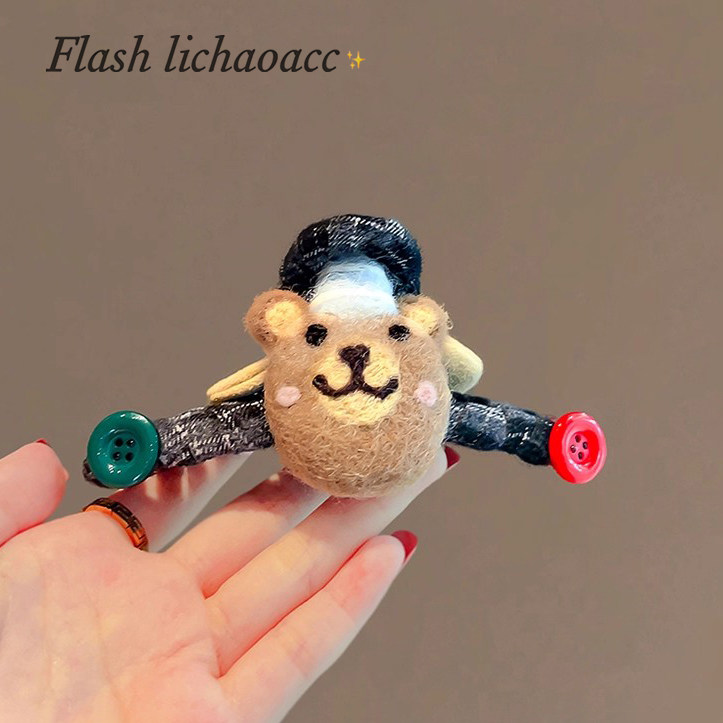重工毛呢格子韩国东大门ins手作毛毡小熊格子纽扣大发抓趣味抓夹