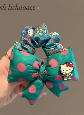 韩系青绿色波点蝴蝶结发圈kt猫印花肠圈发绳女2025新款扎马尾头绳