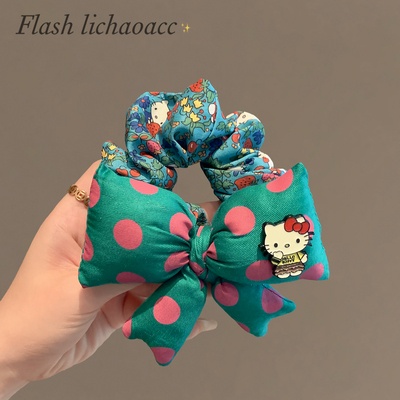 韩系青绿色波点蝴蝶结发圈kt猫印花肠圈发绳女2025新款扎马尾头绳