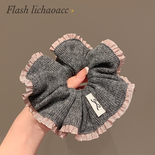 灰色毛线花边针织大肠发圈女气质扎头发丸子头发绳低马尾头绳发饰