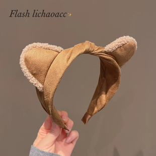 可爱甜美浅咖毛绒猫耳朵发箍女卡通日常百搭洗脸压发发箍头饰