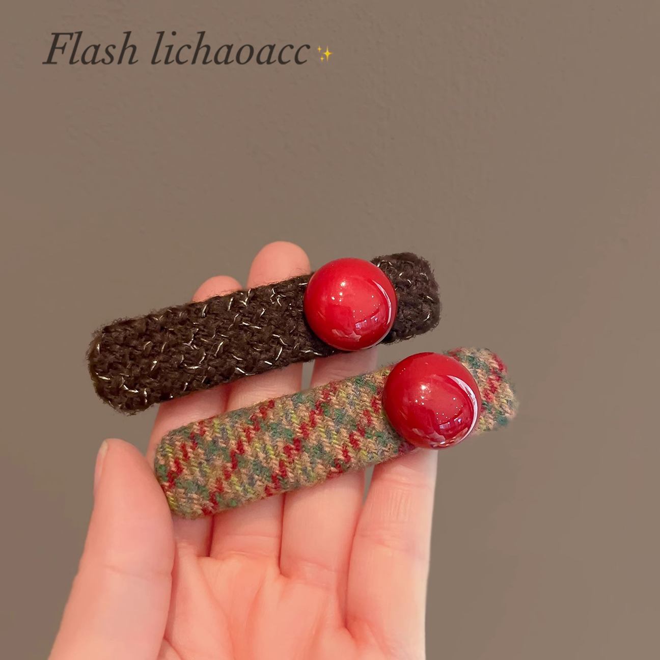 新潮格纹编织发夹红珠复古侧边夹发饰韩系品质碎发刘海夹一字夹女