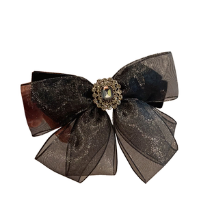 法式复古小香风水钻蝴蝶结发饰发夹气质网纱后脑勺马尾弹簧夹顶夹