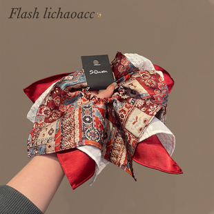 复古高级感方巾发圈三层堆叠布艺发绳头饰秋冬新款酒红图纹头绳女