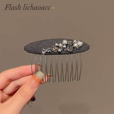 韩系轻奢灰色倒插梳珍珠锆石高级感发梳头饰秋冬新款束发卡发夹女