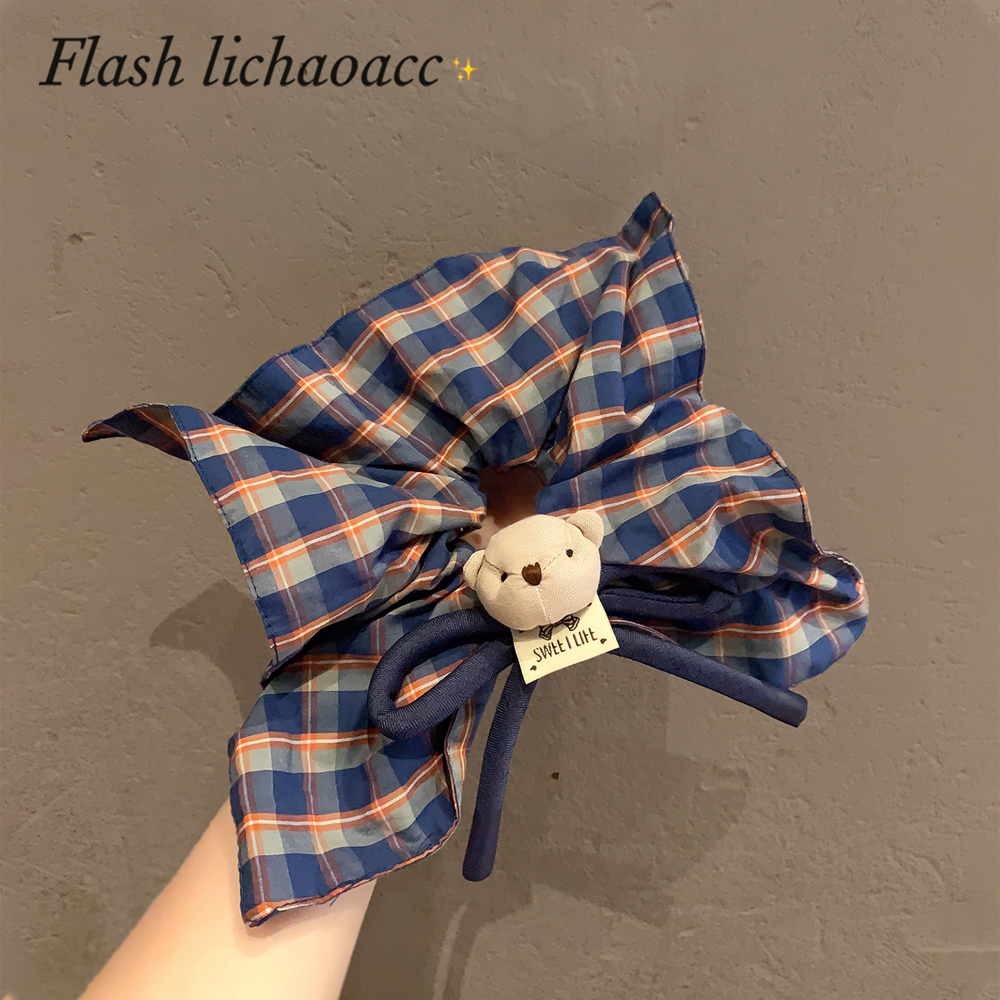 韩系复古格纹方巾发圈小熊蝴蝶结扎马尾头绳发饰2025新款布艺发绳