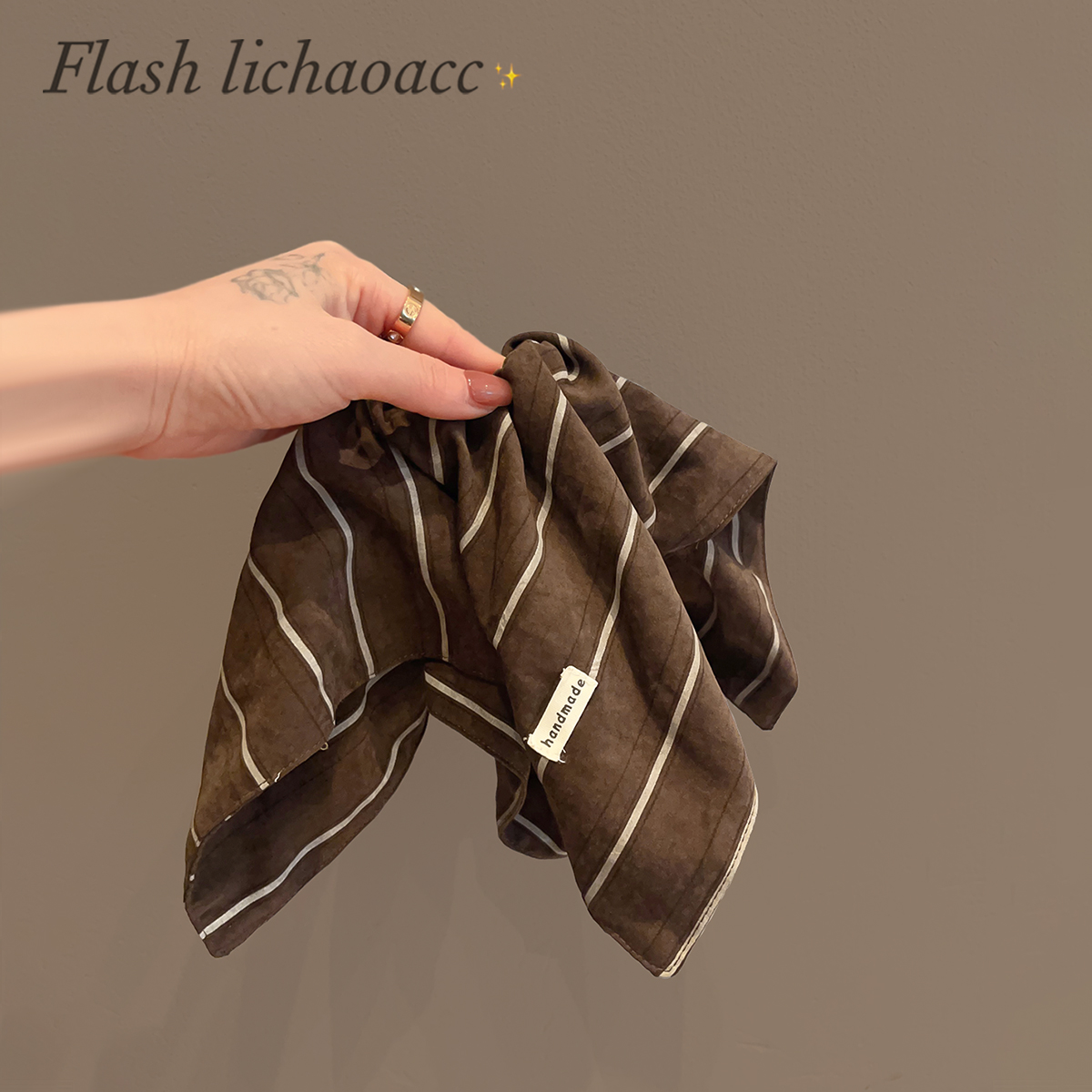 韩系时尚咖啡色条纹方巾发圈质感超大号布艺发绳头饰秋冬新款头绳