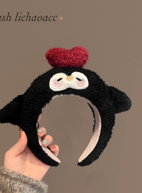 秋冬新款发饰可爱童趣毛绒企鹅头箍黑色质感厚海绵头窟洗脸压发箍