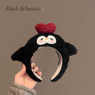 秋冬新款发饰可爱童趣毛绒企鹅头箍黑色质感厚海绵头窟洗脸压发箍