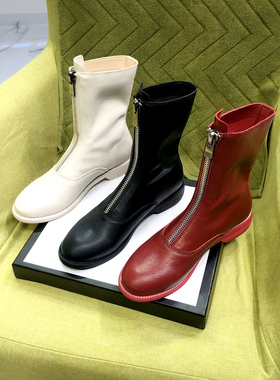 马丁靴女白色短靴子英伦风2024新款中筒guidi鬼帝前拉链百搭倒靴