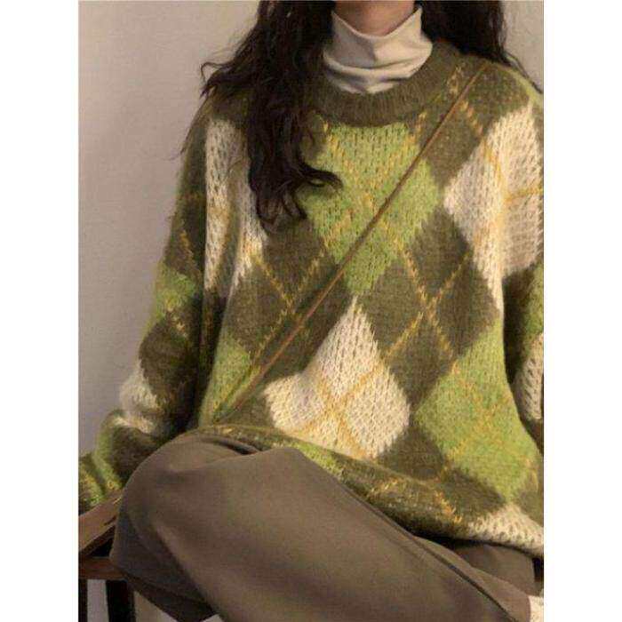 慵懒风复古菱格软糯拼色加厚毛衣女学生秋冬韩版宽松针织衫上衣潮