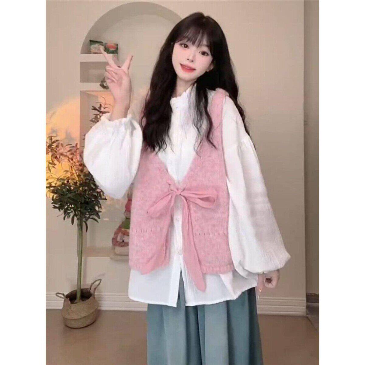 日系甜美蝴蝶结系带背带针织衫马甲背心叠穿白衬衫两件套