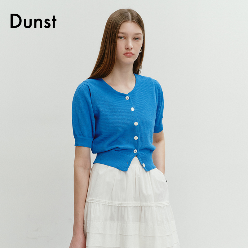 Dunst2024夏季新品圆领泡泡袖针织开衫女士短款半袖短袖UDSW4B234
