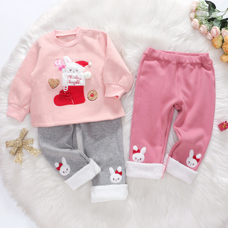 女童冬季加绒裤ST秋冬长裤秀兰邓波可爱圣诞兔子翻边保暖打底裤