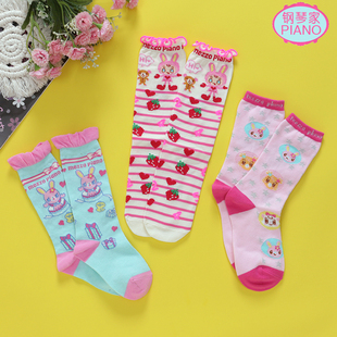 儿童卡通长筒袜棉袜钢琴家袜子可爱mp甜心小兔草莓刺绣花边公主袜