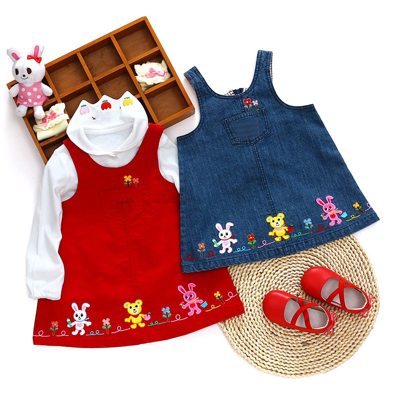 新款miki女童背带裙日系卡通牛仔