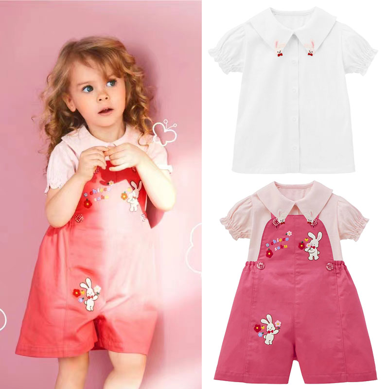 CS儿童背带短裤夏季女童卡通富贵兔花朵刺绣短裤背带裤宝宝衬衣