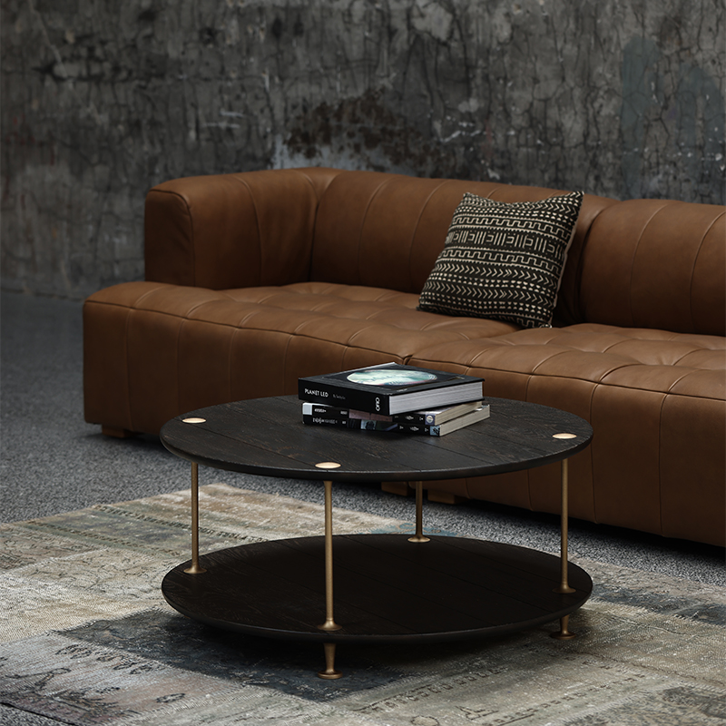 北欧复古美式乡村工业风橡木实木铁艺圆形表情SQ系列组合边几茶几