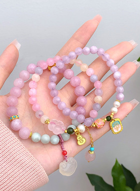 超仙甜美清新仙女风优化紫锂辉天然石手串女士设计感桃花如意手链