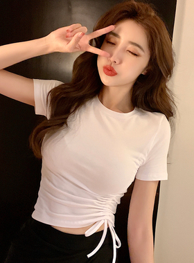 白色短袖t恤女短款修身ins潮网红纯棉2023新款紧身绑带抽绳上衣夏