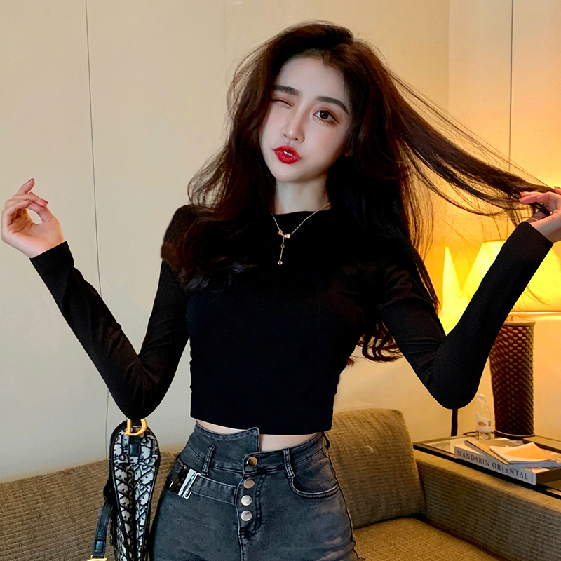 纯棉常规款半高领打底衫短款露脐