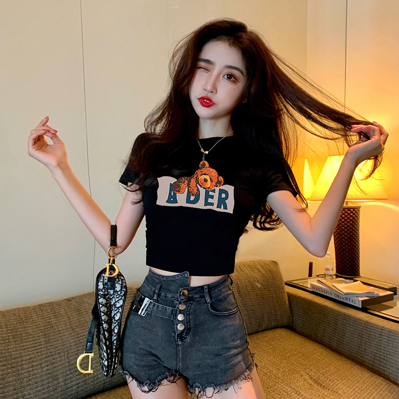 黑色短袖t恤女短款夏季新款修身纯棉ins潮百搭紧身印花露脐上衣