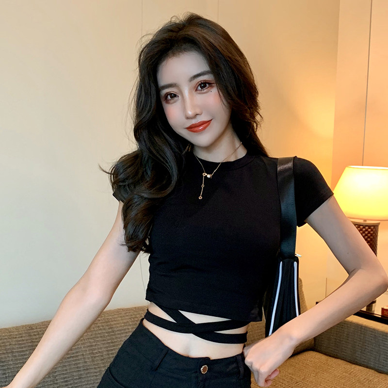 黑色短款短袖T恤女纯棉修身显瘦2023年夏季新款绑带紧身露脐上衣