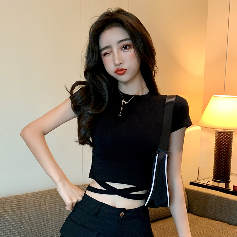 黑色短款短袖T恤女纯棉修身显瘦2023年夏季新款绑带紧身露脐上衣