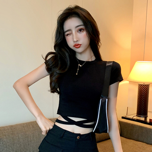 黑色短款短袖T恤女纯棉修身显瘦2023年夏季新款绑带紧身露脐上衣