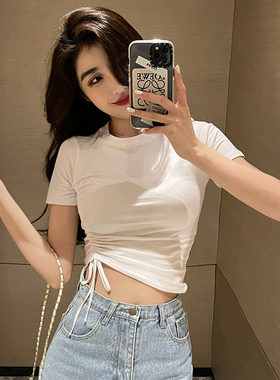 白色短款短袖t恤女纯棉修身2023年新款时尚绑带抽绳上衣夏季ins潮