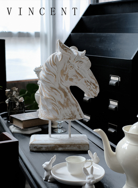闻森家居复古马头摆件北欧极简客厅工作室桌面乳白色做旧动物饰品