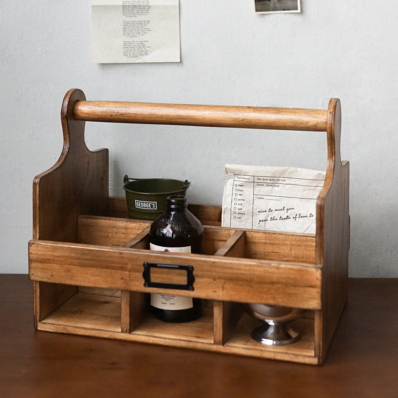 闻森中古手提篮零食饮料收纳盒木