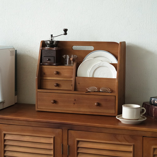 闻森中古桌面收纳箱实木质整理盒