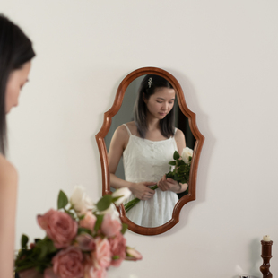 闻森实木质装 饰镜中复古侘寂风异形民宿布置胡桃木框自拍化妆镜子