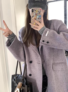 高级感韩式紫色西装毛呢外套女宽松小个子短款洋气双面呢子大衣女