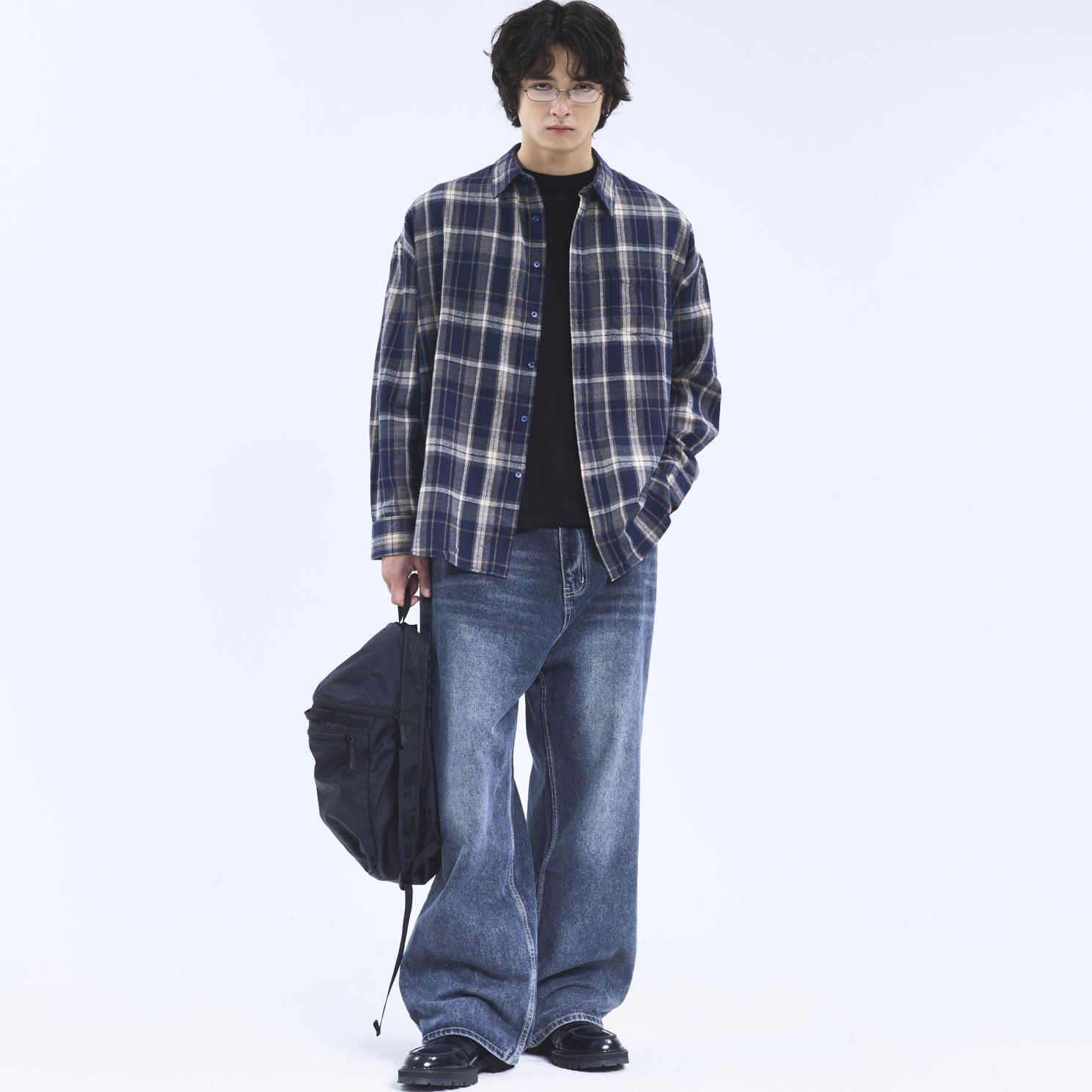 复古格子衬衫男长袖宽松休闲衬衣港风文艺男装-081